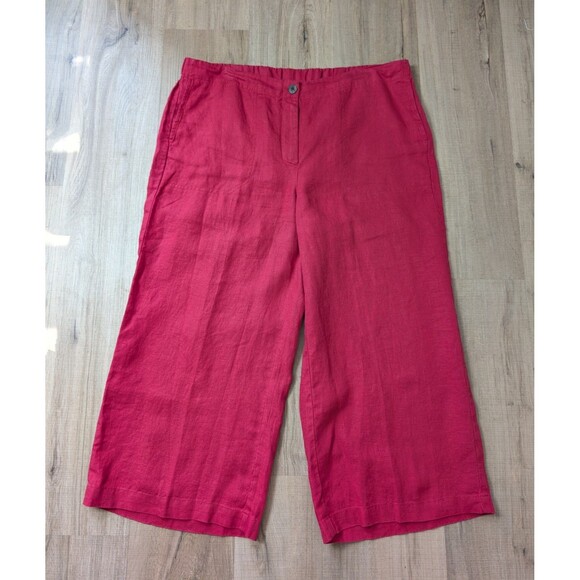 J Jill Wide Leg Crop Linen Pants Size L Petite Red Semi Elastic Waist Flat Front - Picture 1 of 10